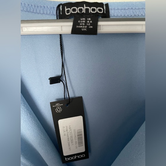 Boohoo Sky Blue Wrap Front Midi Dress- Size 12 - Picture 2 of 7